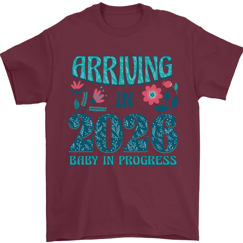 Arriving 2026 New Baby Pregnancy Pregnant Mens T-Shirt 100% Cotton Maroon