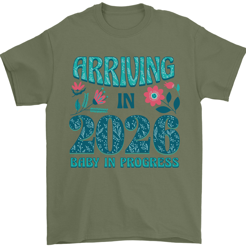 Arriving 2026 New Baby Pregnancy Pregnant Mens T-Shirt 100% Cotton Military Green