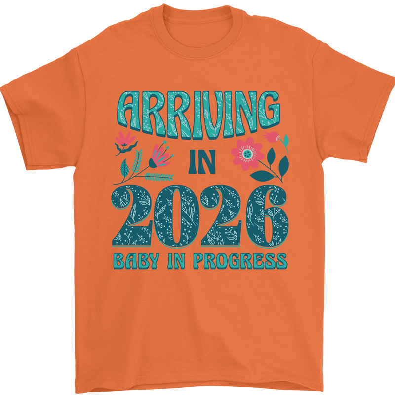 Arriving 2026 New Baby Pregnancy Pregnant Mens T-Shirt 100% Cotton Orange