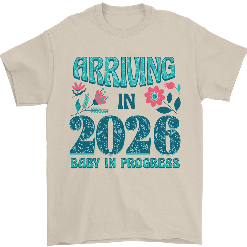 Arriving 2026 New Baby Pregnancy Pregnant Mens T-Shirt 100% Cotton Sand