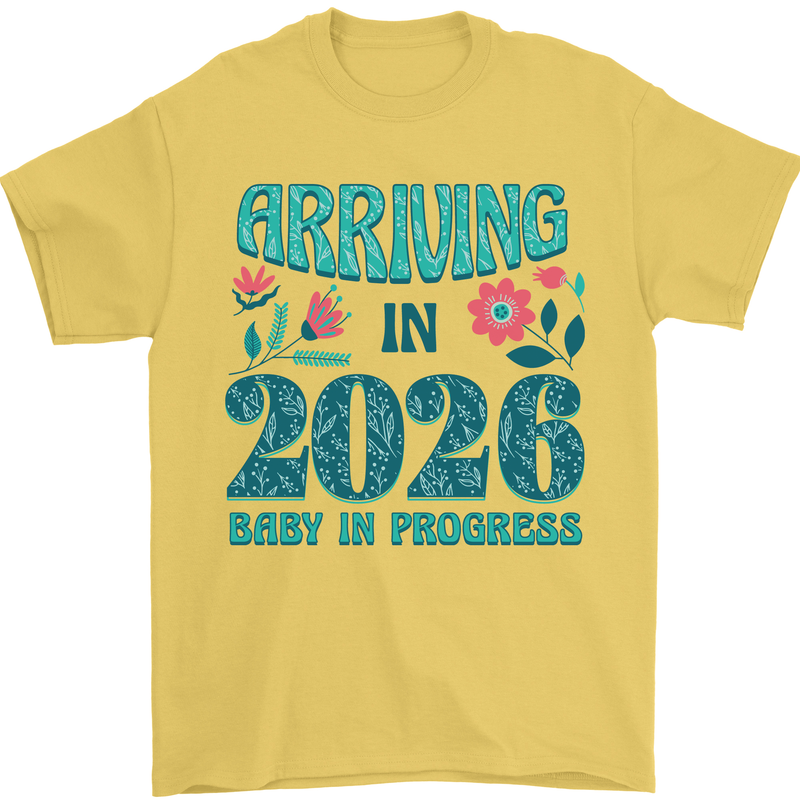 Arriving 2026 New Baby Pregnancy Pregnant Mens T-Shirt 100% Cotton Yellow