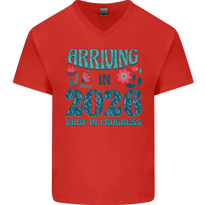 Arriving 2026 New Baby Pregnancy Pregnant Mens V-Neck Cotton T-Shirt Red