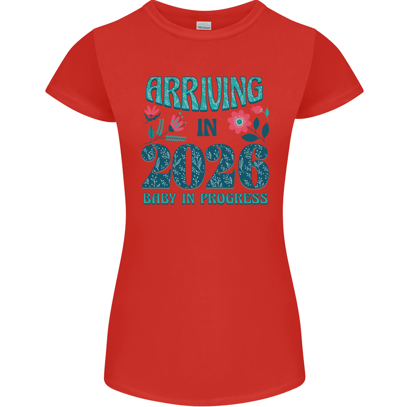 Arriving 2026 New Baby Pregnancy Pregnant Womens Petite Cut T-Shirt Red