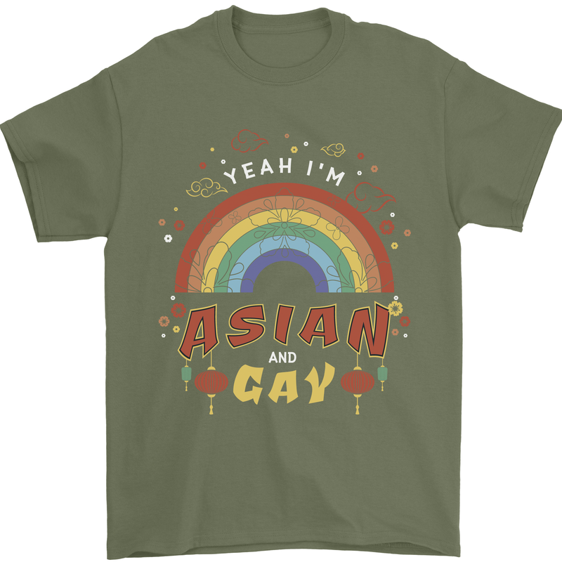 Asian and Gay Funny Gaysian LGBT Pride Mens T-Shirt 100% Cotton Military Green