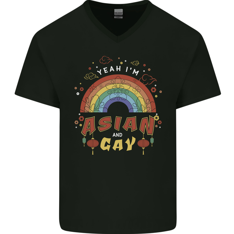 Asian and Gay Funny Gaysian LGBT Pride Mens V-Neck Cotton T-Shirt Black