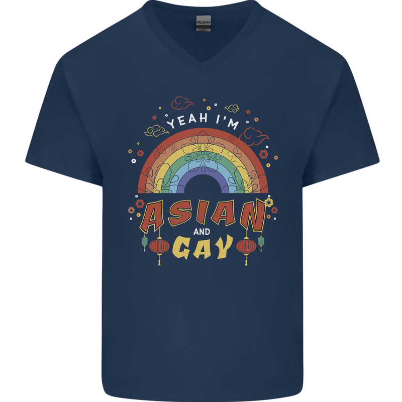 Asian and Gay Funny Gaysian LGBT Pride Mens V-Neck Cotton T-Shirt Navy Blue