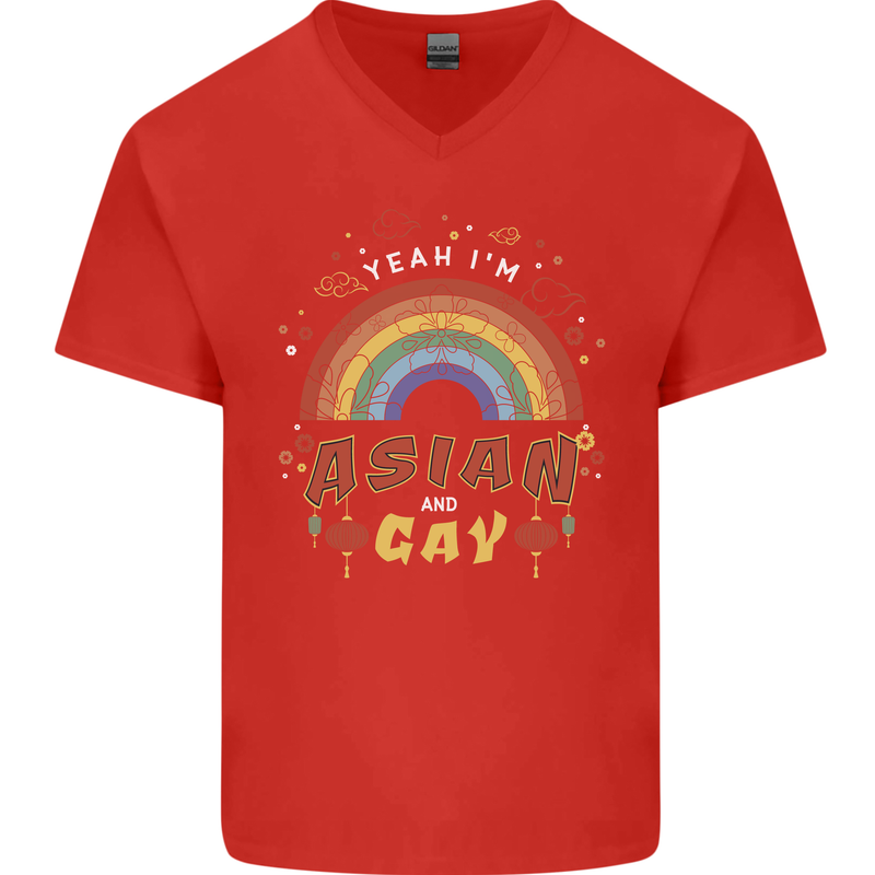 Asian and Gay Funny Gaysian LGBT Pride Mens V-Neck Cotton T-Shirt Red