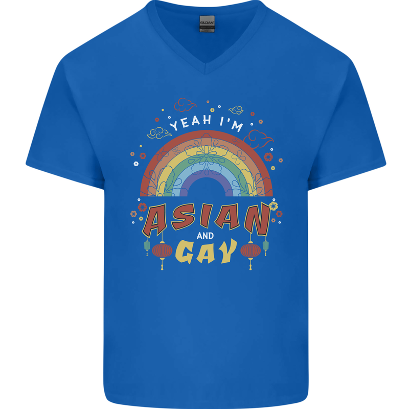 Asian and Gay Funny Gaysian LGBT Pride Mens V-Neck Cotton T-Shirt Royal Blue