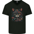 Astral Cat With Fantasy Tribal Markings Mens V-Neck Cotton T-Shirt Black