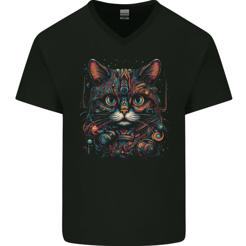 Astral Cat With Fantasy Tribal Markings Mens V-Neck Cotton T-Shirt Black