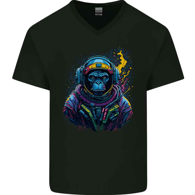 Astro Kong Spaceman Ape Astronaut Mens V-Neck Cotton T-Shirt Black
