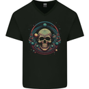 Astro Skull Planets Universe Space Mens V-Neck Cotton T-Shirt Black