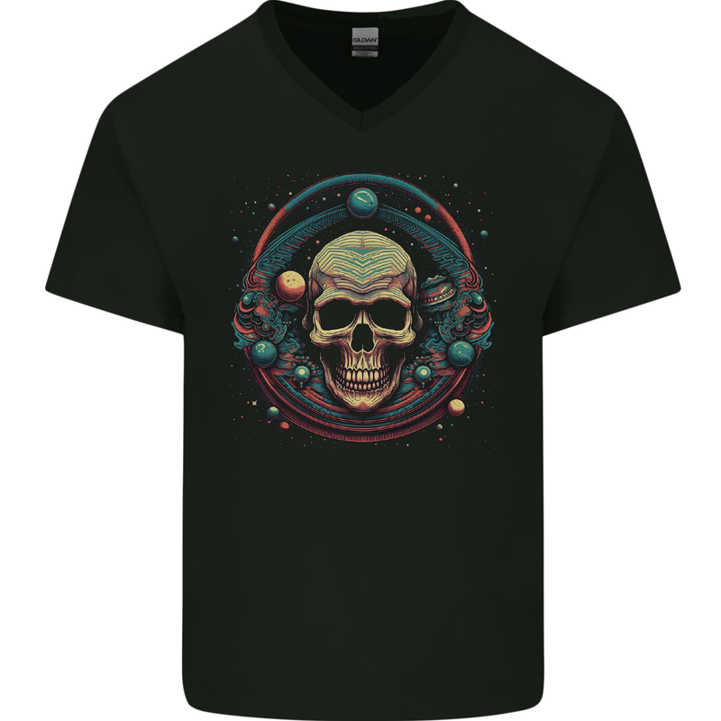 Astro Skull Planets Universe Space Mens V-Neck Cotton T-Shirt Black