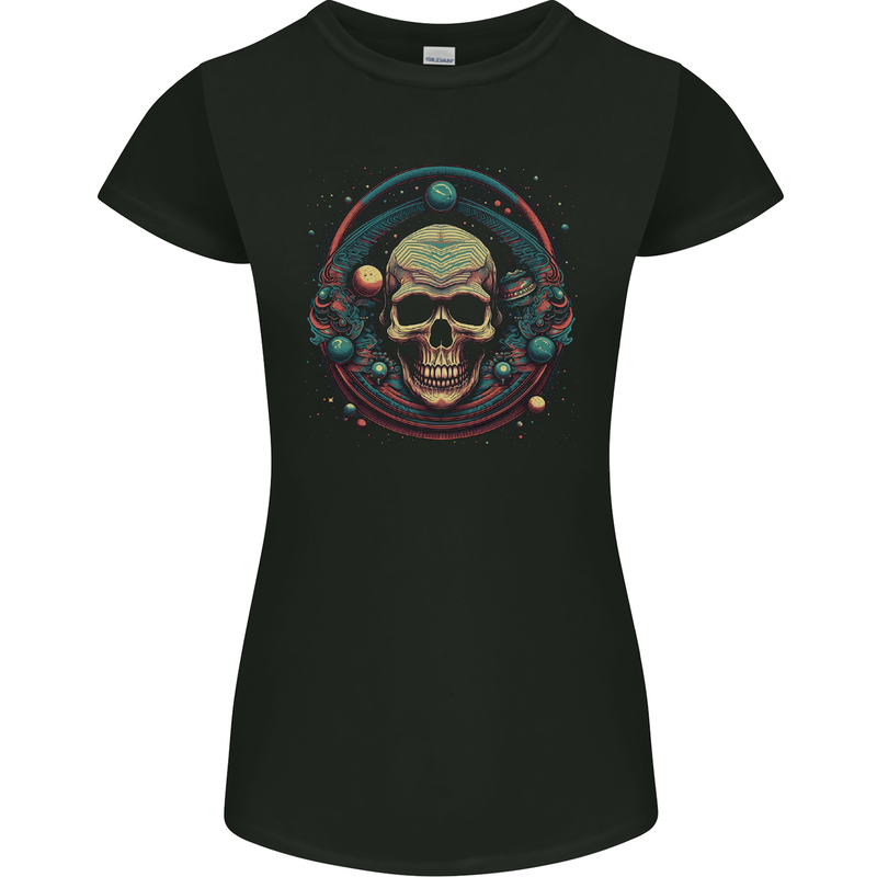 Astro Skull Planets Universe Space Womens Petite Cut T-Shirt Black