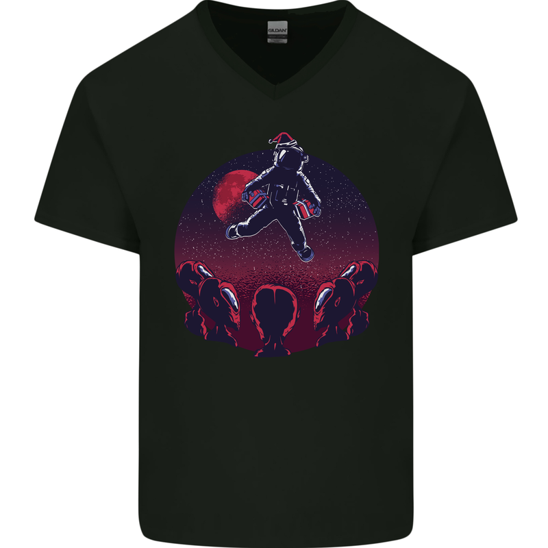 Astronaut Santa & Aliens Christmas Planets Xmas Mens V-Neck Cotton T-Shirt Black