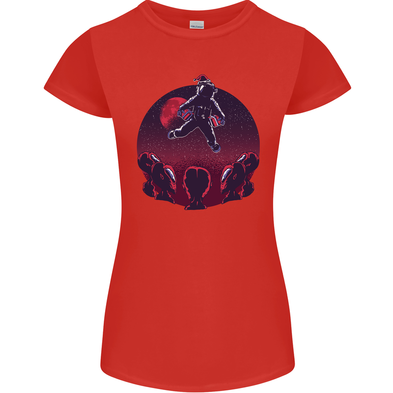 Astronaut Santa & Aliens Christmas Planets Xmas Womens Petite Cut T-Shirt Red