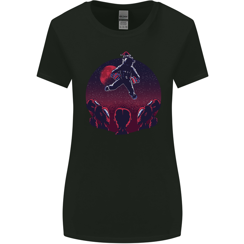 Astronaut Santa & Aliens Christmas Planets Xmas Womens Wider Cut T-Shirt Black