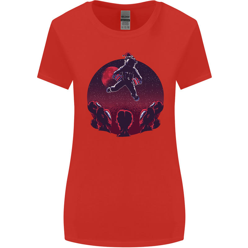Astronaut Santa & Aliens Christmas Planets Xmas Womens Wider Cut T-Shirt Red