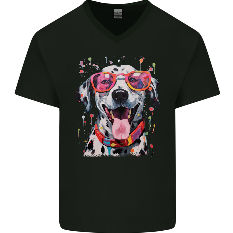 Atistic Dalmation Dog Mens V-Neck Cotton T-Shirt Black