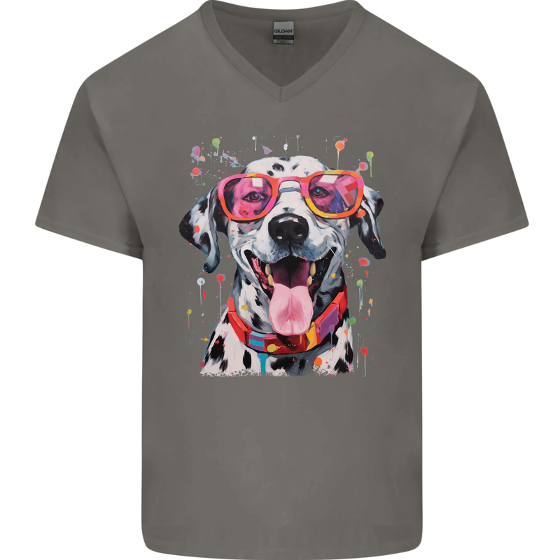 Atistic Dalmation Dog Mens V-Neck Cotton T-Shirt Charcoal