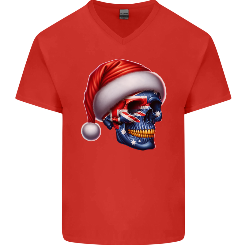 Australia Christmas Skull Australian Flag Biker Mens V-Neck Cotton T-Shirt Red