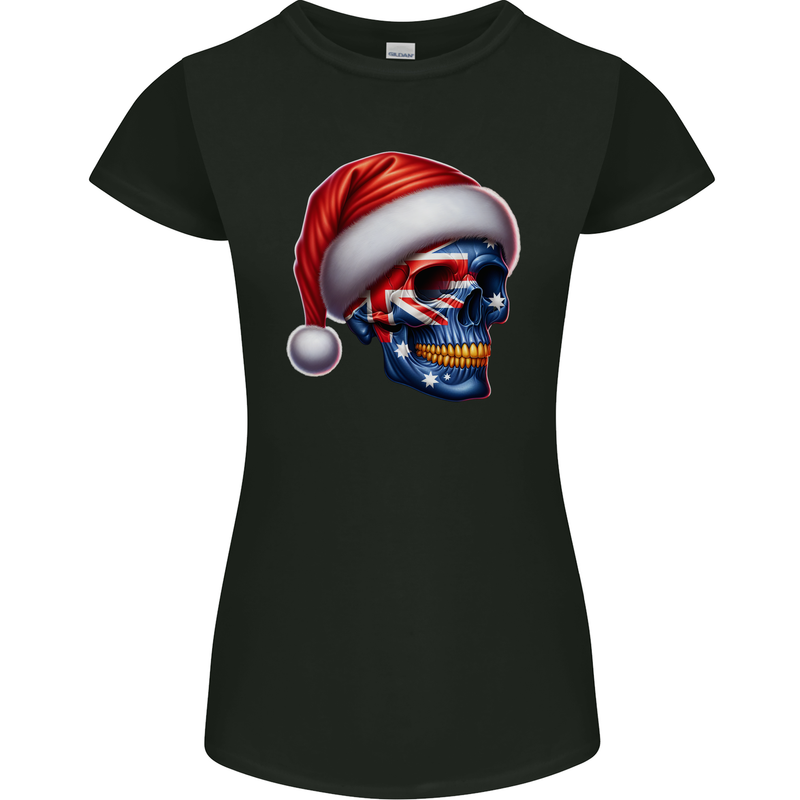 Australia Christmas Skull Australian Flag Biker Womens Petite Cut T-Shirt Black