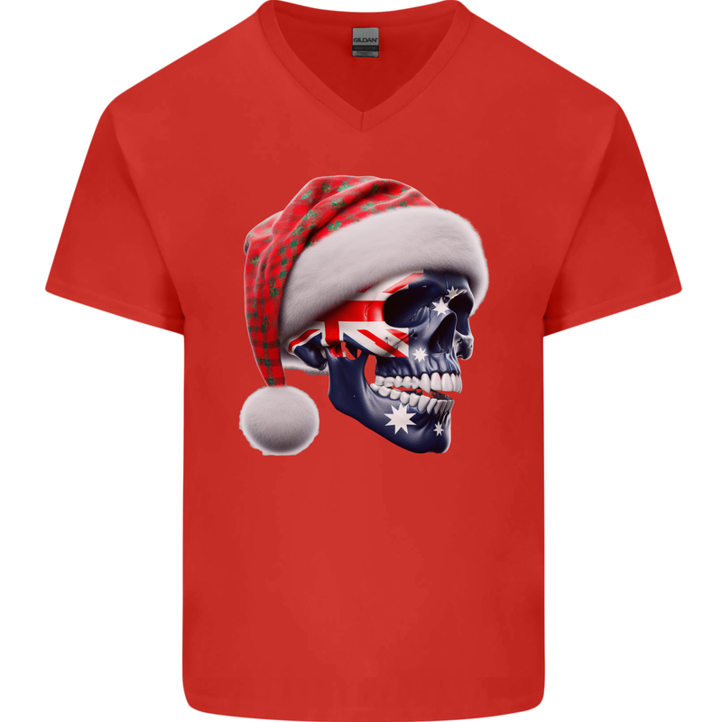 Australian Christmas Skull Xmas Australia Flag Mens V-Neck Cotton T-Shirt Red