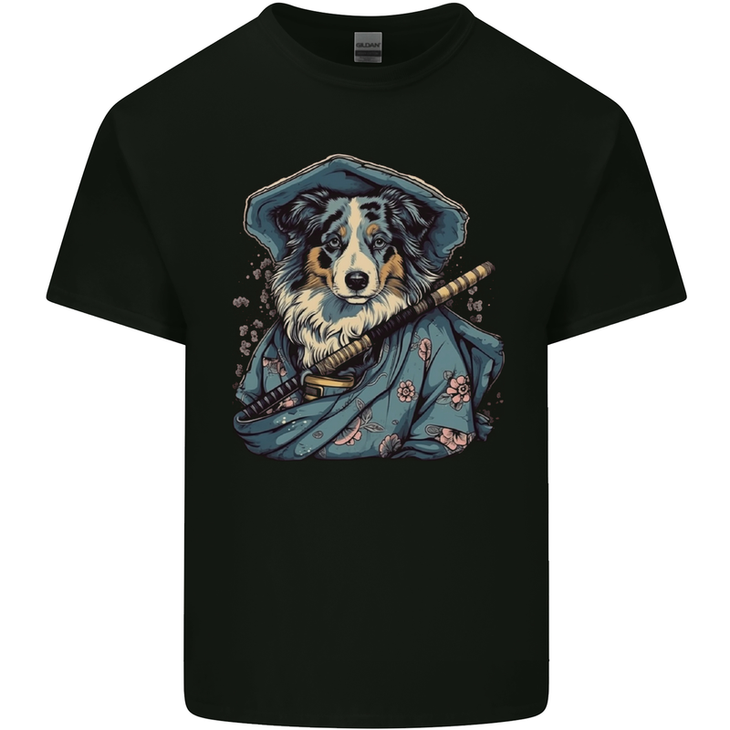 Australian Sheepdog Samurai Warrior Fantasy Mens Cotton T-Shirt Tee Top Black
