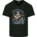 Australian Sheepdog Samurai Warrior Fantasy Mens V-Neck Cotton T-Shirt Black