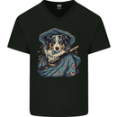 Australian Sheepdog Samurai Warrior Fantasy Mens V-Neck Cotton T-Shirt Black