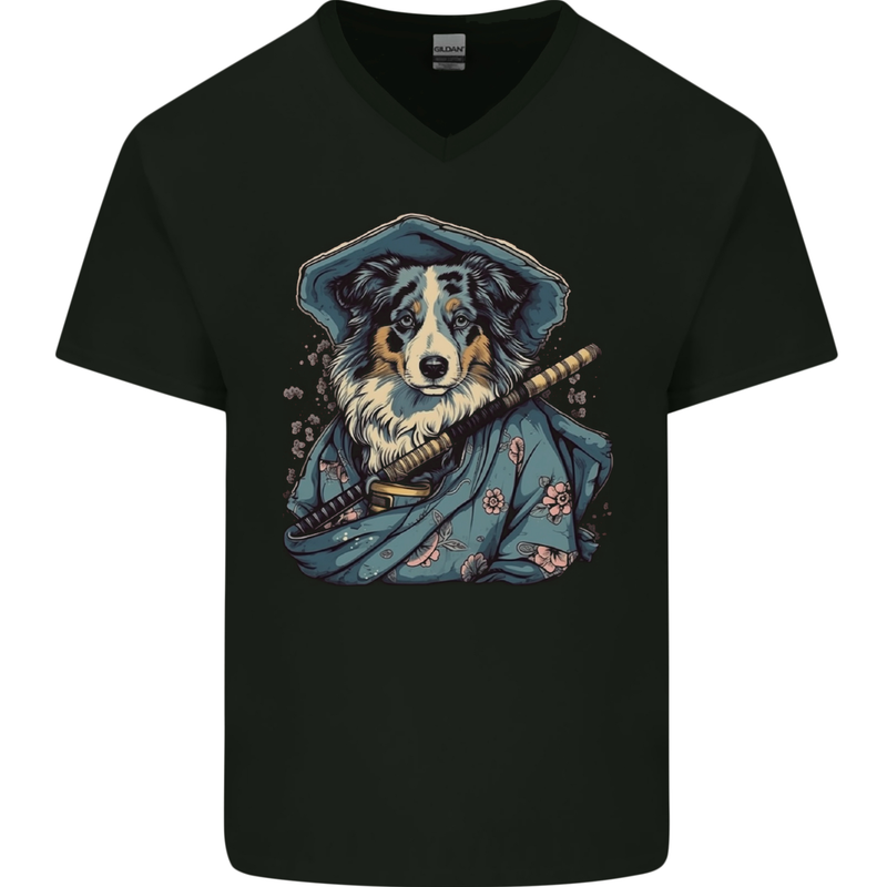 Australian Sheepdog Samurai Warrior Fantasy Mens V-Neck Cotton T-Shirt Black