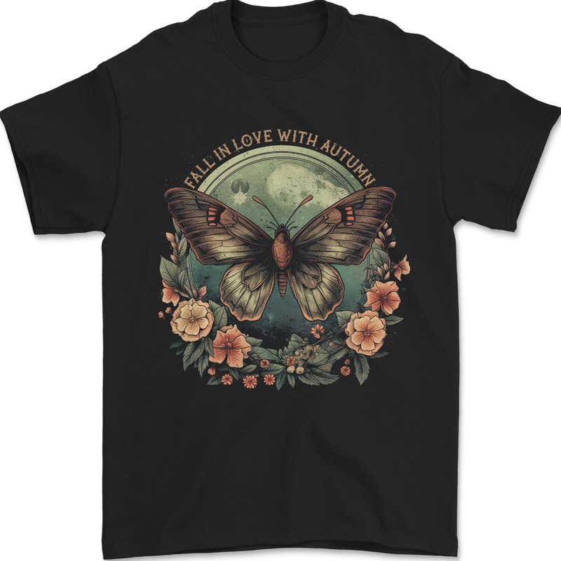 Autumn Butterfly and Flowers Mens T-Shirt 100% Cotton Black