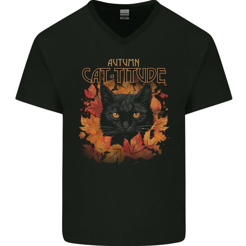 Autumn Catitude Cat Mens V-Neck Cotton T-Shirt Black