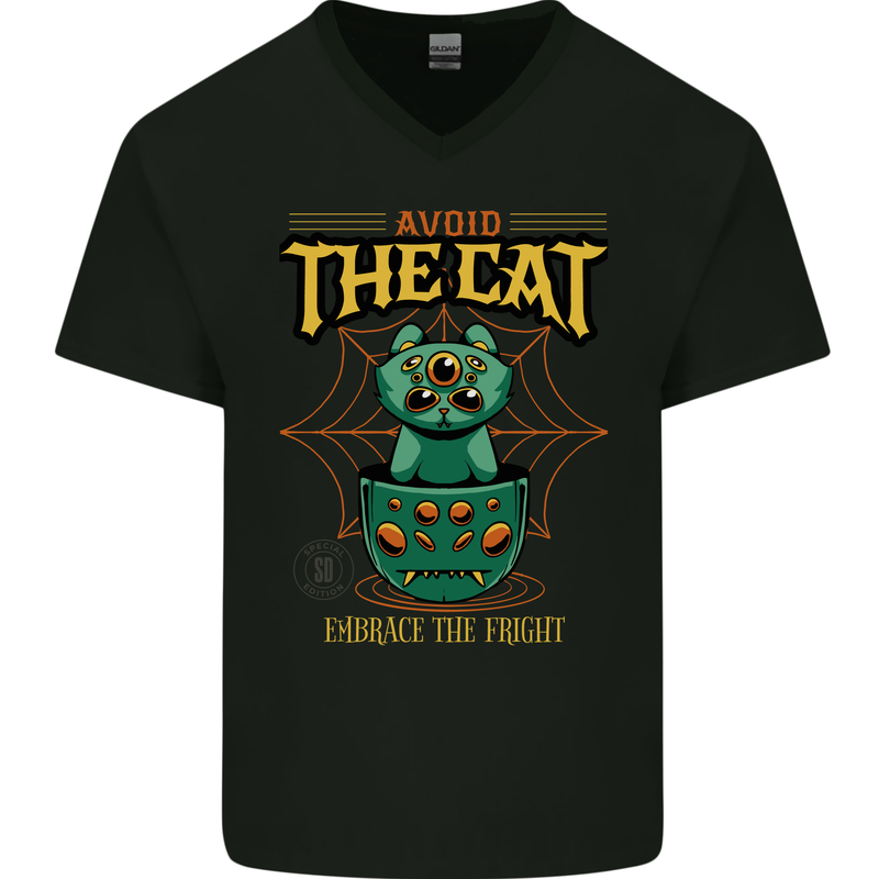 Avoid the Cat Funny Halloween Satanic Demon Mens V-Neck Cotton T-Shirt Black