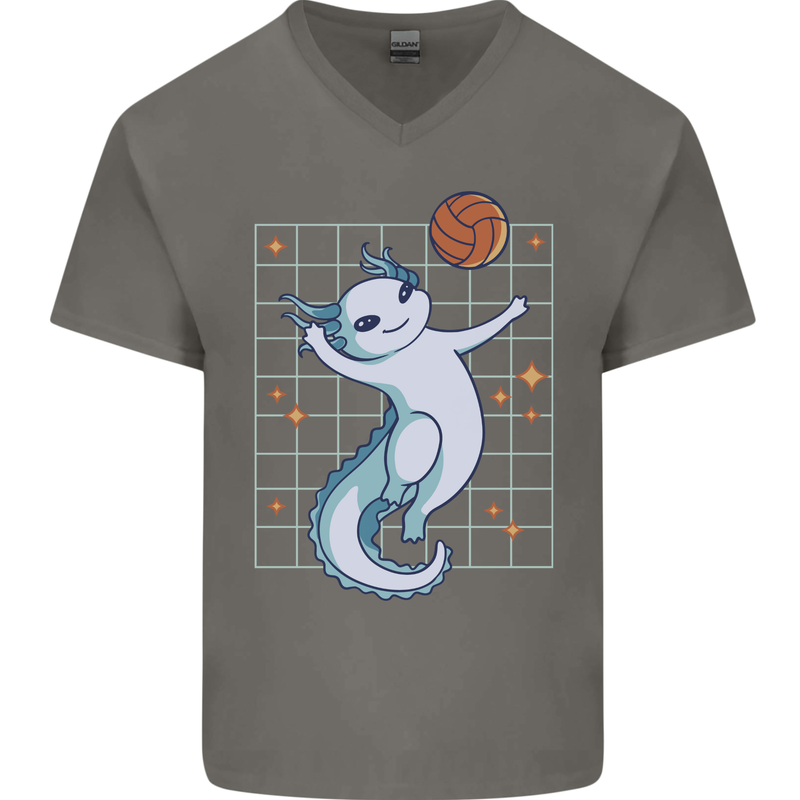 Axolotl Playing Volleyball Mens V-Neck Cotton T-Shirt Charcoal