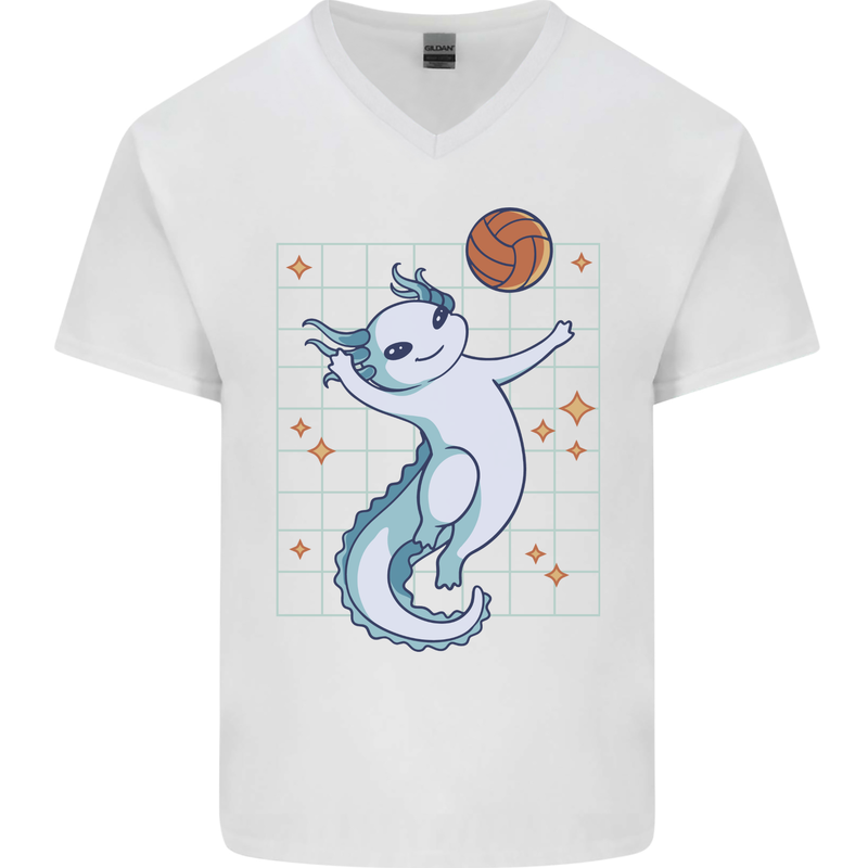 Axolotl Playing Volleyball Mens V-Neck Cotton T-Shirt White