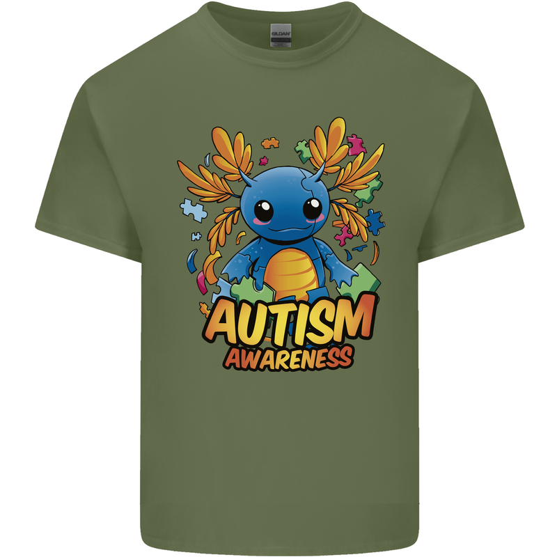 Axolottle Autism Awareness Autistic Mens Cotton T-Shirt Tee Top Military Green
