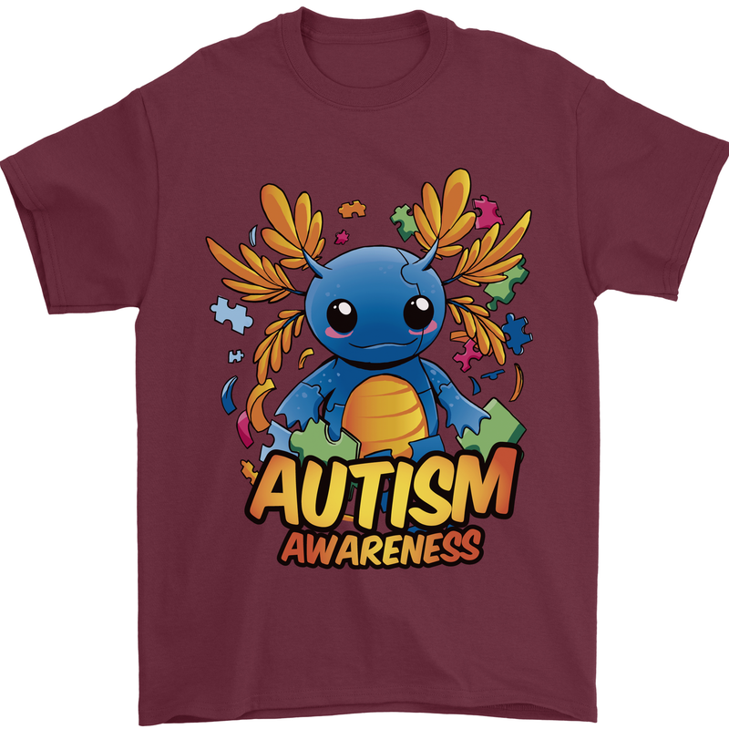 Axolottle Autism Awareness Autistic Mens T-Shirt 100% Cotton Maroon