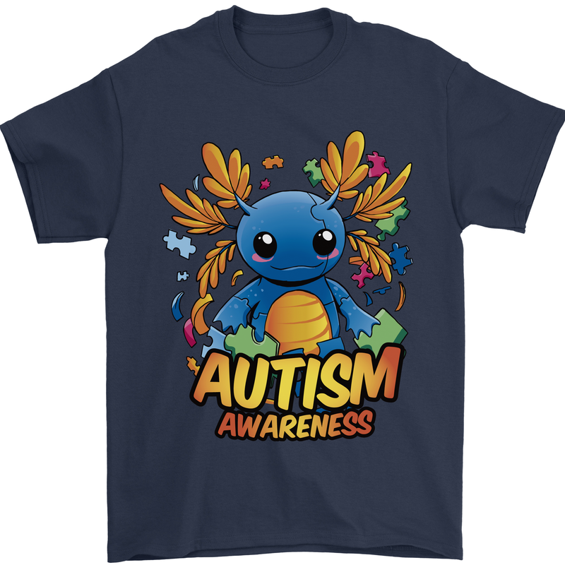 Axolottle Autism Awareness Autistic Mens T-Shirt 100% Cotton Navy Blue