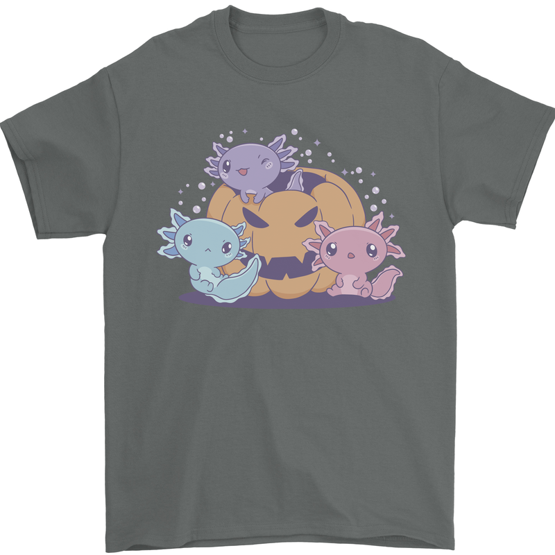 Axolottle Pumpkin Cute Halloween Kawaii Mens T-Shirt 100% Cotton Charcoal