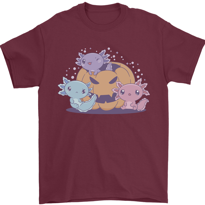 Axolottle Pumpkin Cute Halloween Kawaii Mens T-Shirt 100% Cotton Maroon