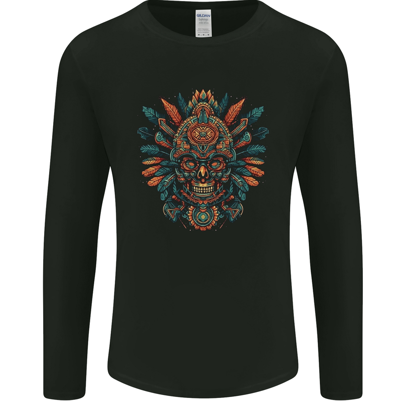 Aztec Skull Mexico Mens Long Sleeve T-Shirt Black