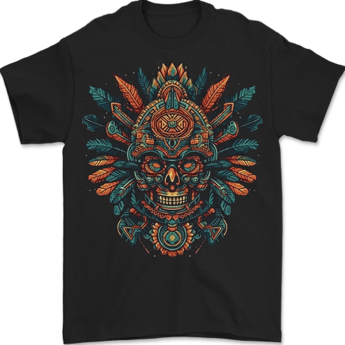 Aztec Skull Mexico Mens T-Shirt 100% Cotton BLACK