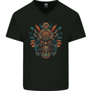 Aztec Skull Mexico Mens V-Neck Cotton T-Shirt Black