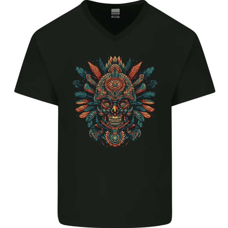 Aztec Skull Mexico Mens V-Neck Cotton T-Shirt Black