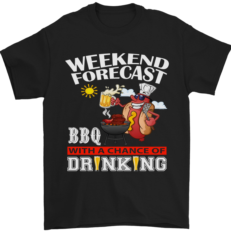 a black t - shirt that says weekend forcast bbq with a chance of