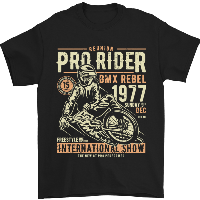 a black t - shirt with an image of a man riding a motorcycle