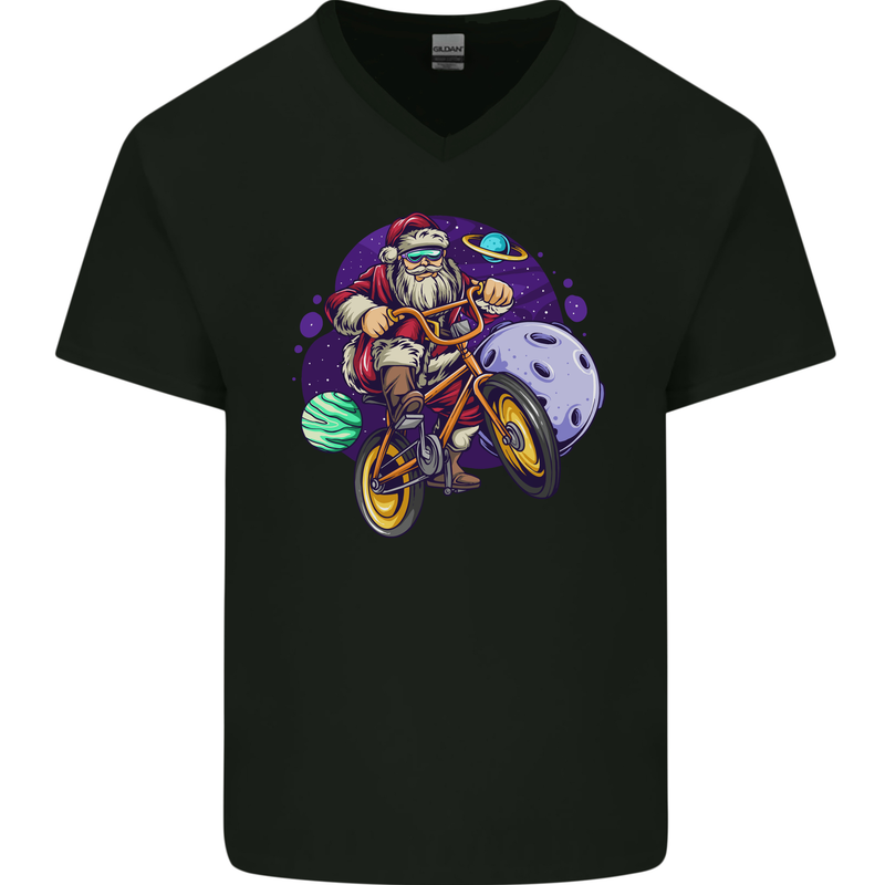 BMX Santa in Space Christmas Cycling Xmas Bike Mens V-Neck Cotton T-Shirt Black