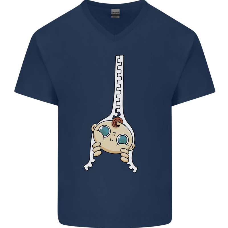 Baby Zipper New Baby Pregnancy Pregnant Mens V-Neck Cotton T-Shirt Navy Blue