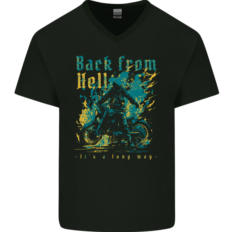 Back From Hell Biker Motorcycle Motorbike Mens V-Neck Cotton T-Shirt Black
